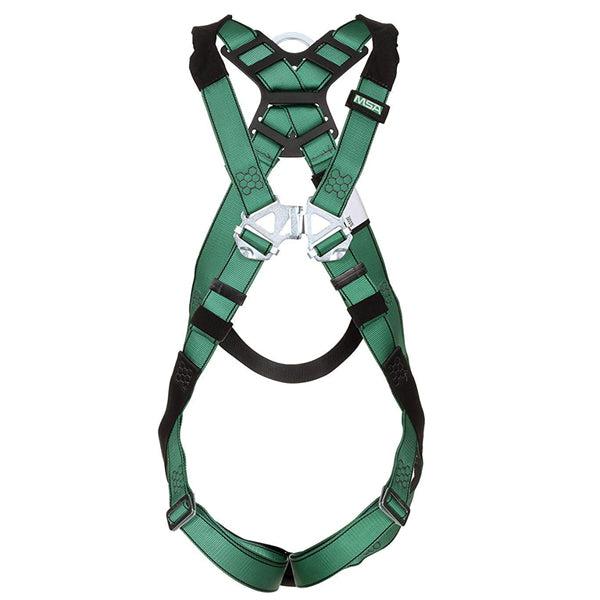 The MSA V-Form Full Body Harness, size Super X Large, features a green design with Qwik Fit leg straps, a back D-ring, and an athletic cut for comfort.